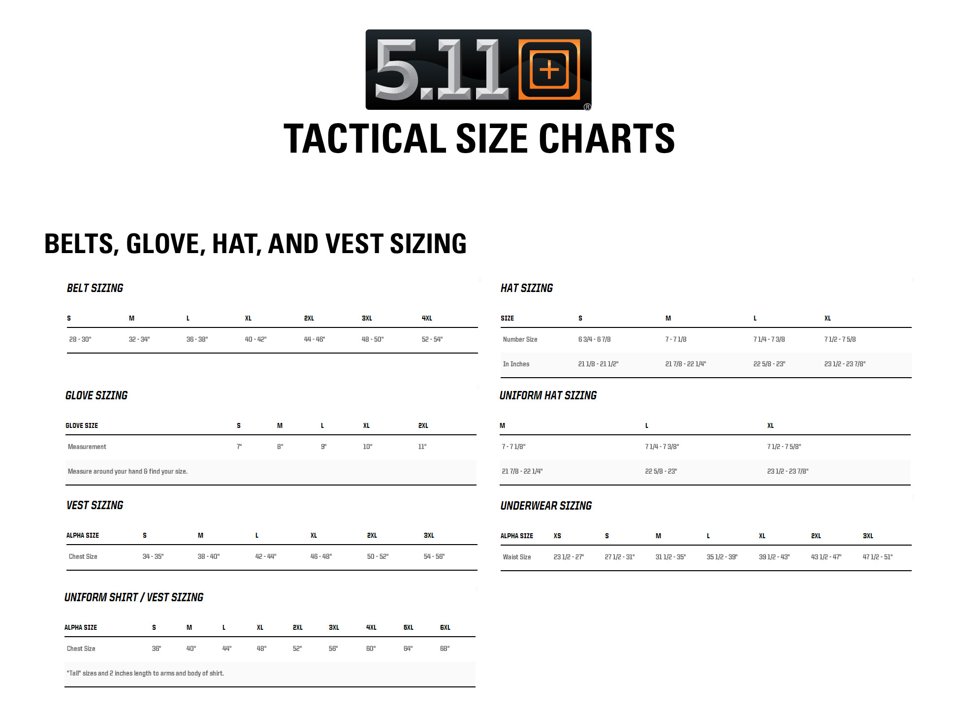 5 11 Glove Size Chart