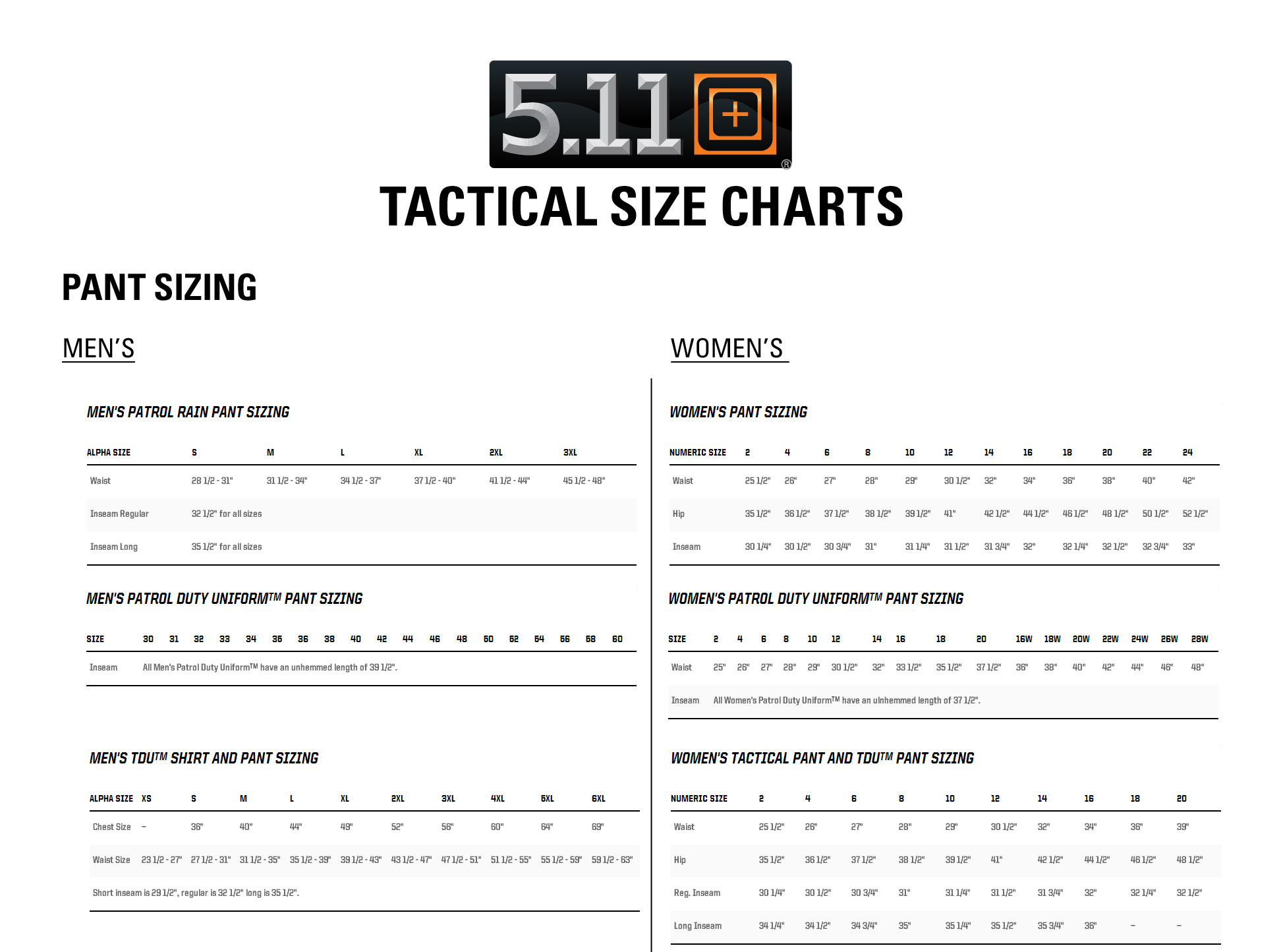 511 Tactical Pants Size Chart